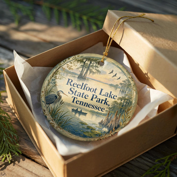A decorative ornament in a box, featuring a scenic image of Reelfoot Lake State Park in Tennessee.