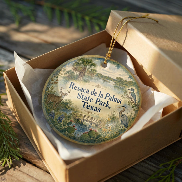 A decorative ornament in a wooden box, featuring a scenic landscape with palm trees, birds, and a body of water.