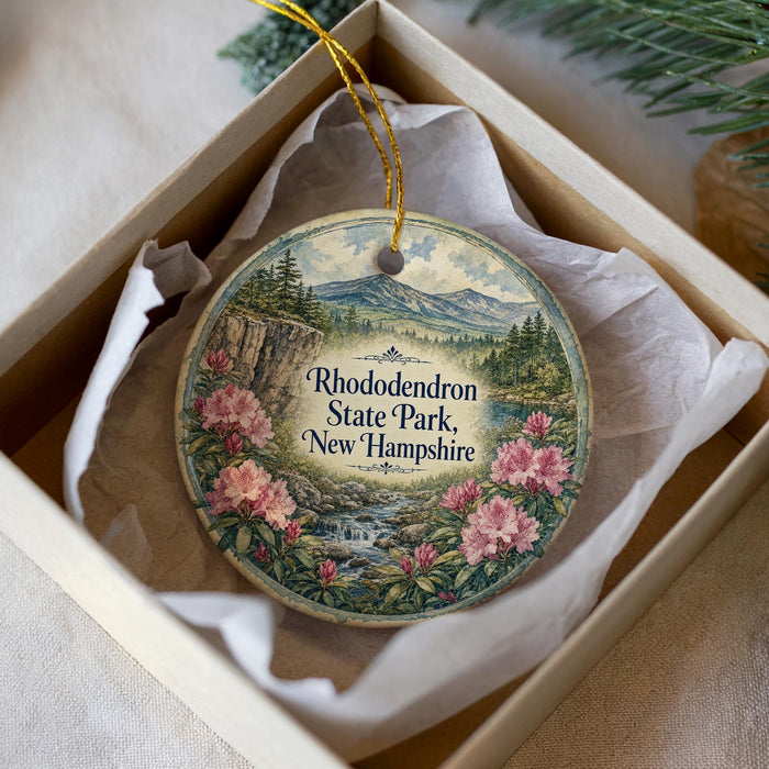 A decorative ornament in a box, featuring a landscape with mountains, trees, and pink flowers.