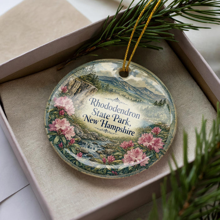 A decorative ornament with a floral design and text, placed in a box with pine branches.