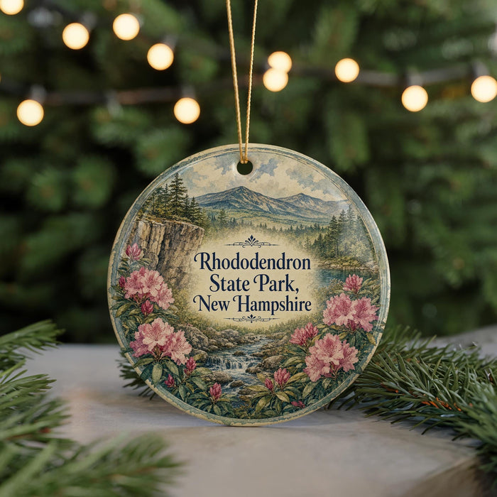 A round ornament with a scenic landscape of mountains, trees, and pink flowers, hanging from a string.