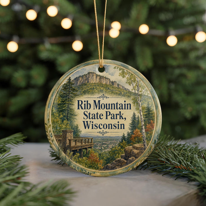 A round ornament with a scenic image of Rib Mountain State Park, Wisconsin, hanging from a string.