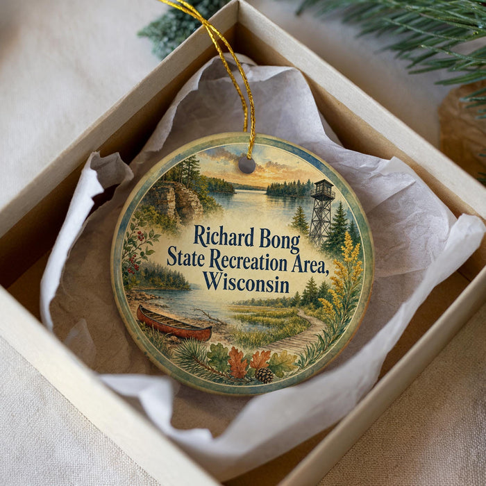 A round ornament with a scenic landscape and text, placed in a box with a white tissue paper lining.