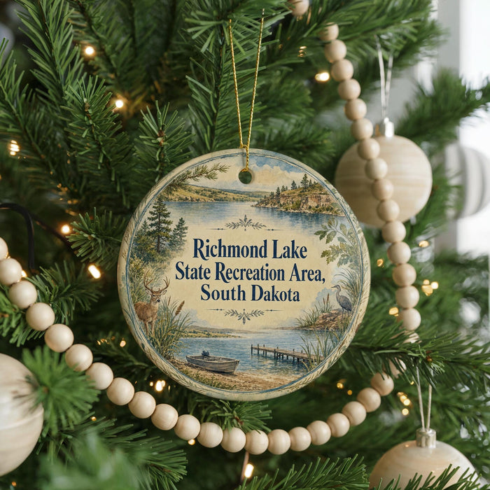 A round ornament hanging on a Christmas tree, featuring a scenic image of a lake surrounded by trees and mountains.