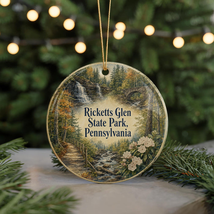 A round ornament with a scenic image ofRICKETTS GLEN STATE PARK, PENNSYLVANIA, hanging from a string.