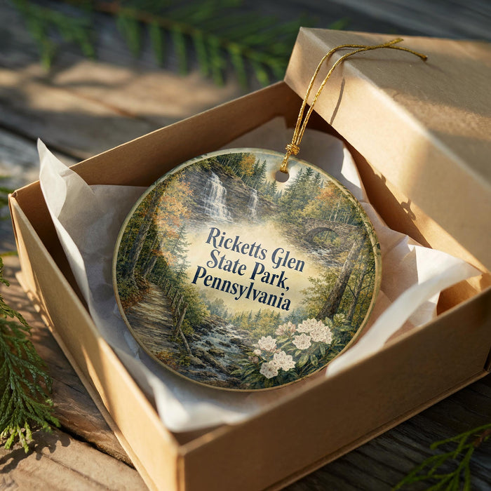 An ornament in a box, featuring a scenic landscape with a waterfall and trees, with the text "Ricketts Glen State Park, Pennsylvania" printed on it.