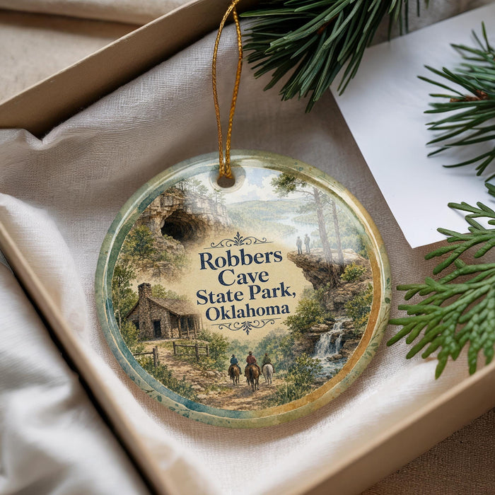 A decorative ornament with a scenic image of Robbers Cave State Park in Oklahoma, featuring a cabin, a waterfall, and people riding horses.