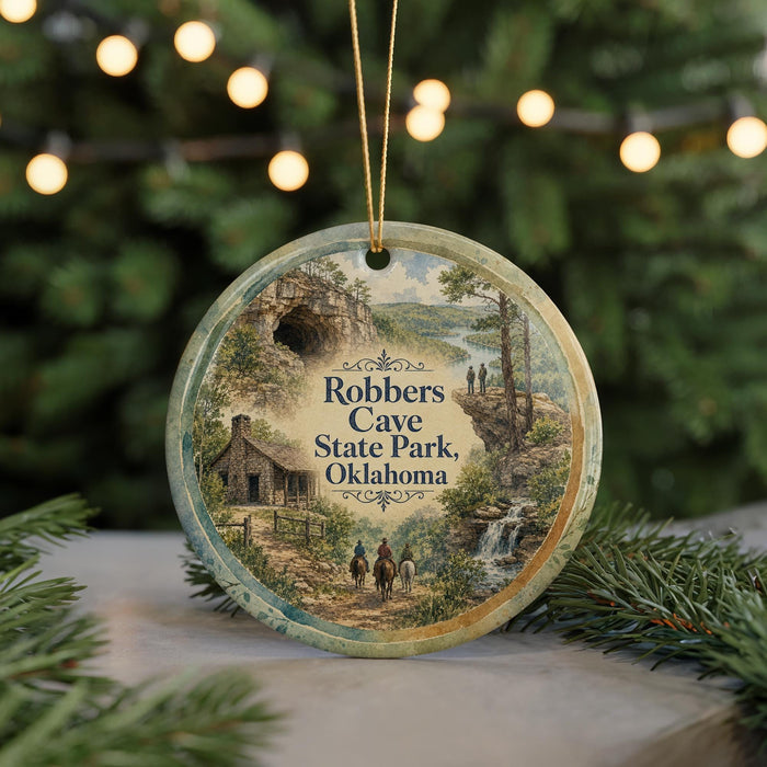 A round ornament featuring a scenic landscape with a cabin, trees, and a waterfall, with the text "Robbers Cave State Park, Oklahoma" displayed prominently.