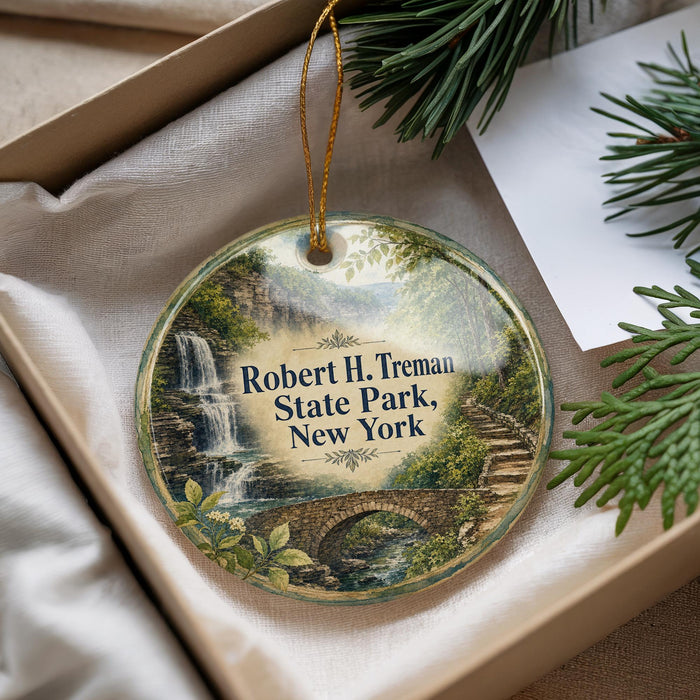 A decorative ornament with a scenic image of Robert H. Treman State Park, New York, hanging from a string.
