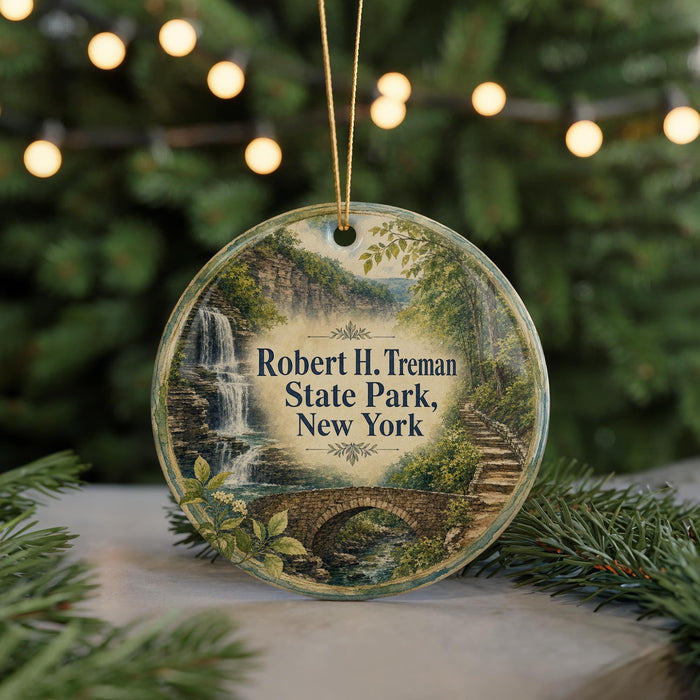A round ornament with a scenic image of Robert H. Treman State Park, New York, hanging from a string.