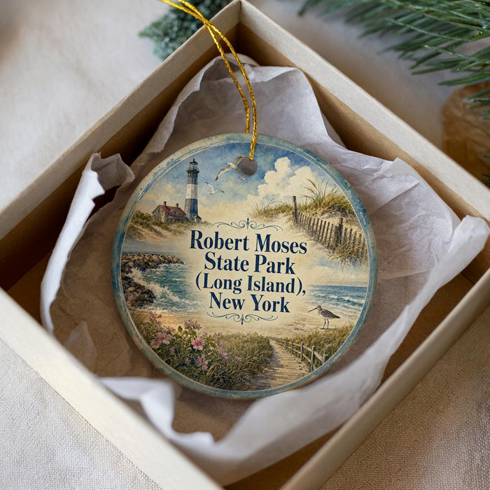 A round ornament with a lighthouse and beach scene, placed in a box with a white tissue paper lining.