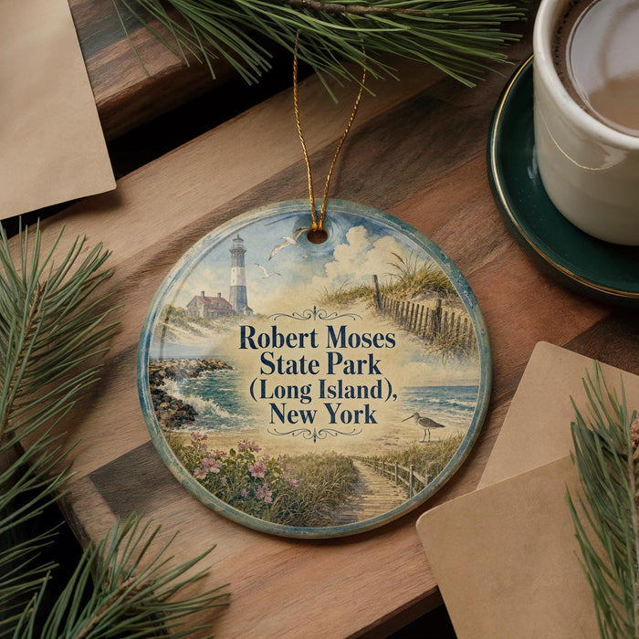 A round ornament featuring a lighthouse and beach scene, with the text "Robert Moses State Park (Long Island), New York" printed on it.