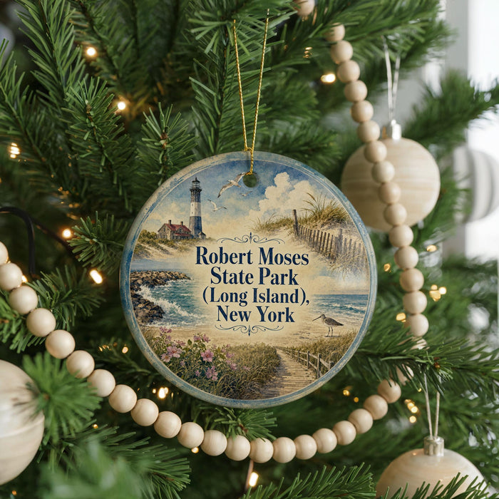 A round ornament hanging on a Christmas tree, featuring a lighthouse and a beach scene.