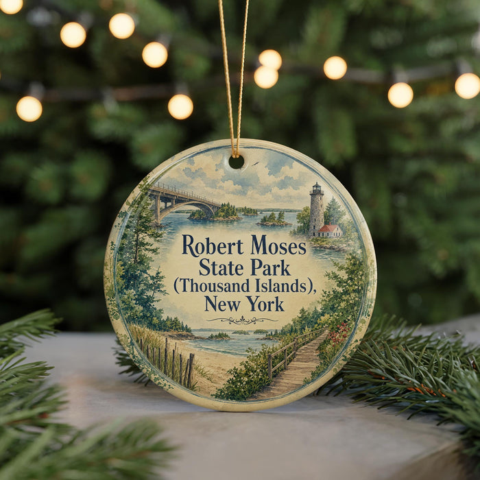 A round ornament with a scenic image of Robert Moses State Park (Thousand Islands), New York, hanging from a string.