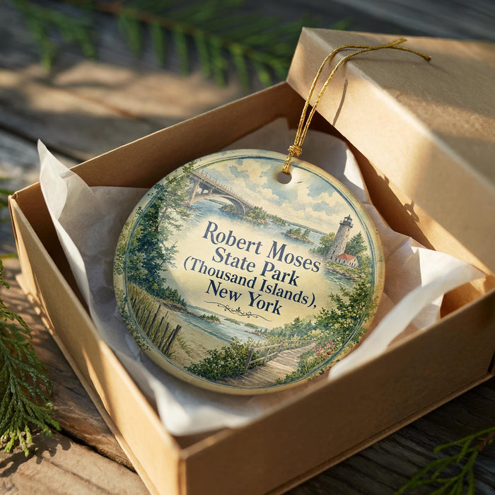 A round ornament in a box, featuring a scenic landscape with a lighthouse and a bridge, with the text "Robert Moses State Park ( Thousands Islands), New York" printed on it.