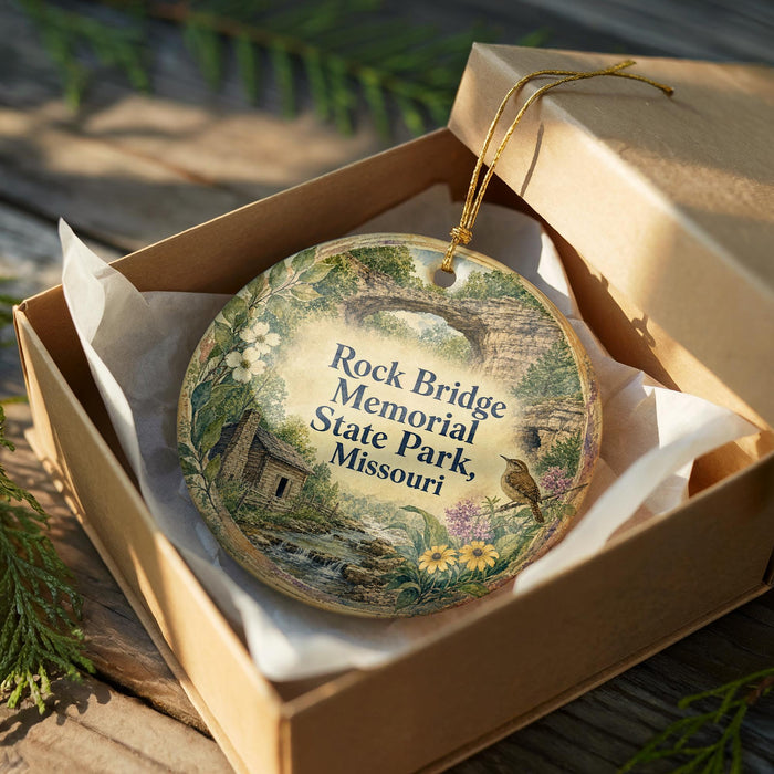 A decorative ornament in a wooden box, featuring a scenic landscape with a bridge, trees, and a bird, with the text "Rock Bridge Memorial State Park, Missouri" printed on it.