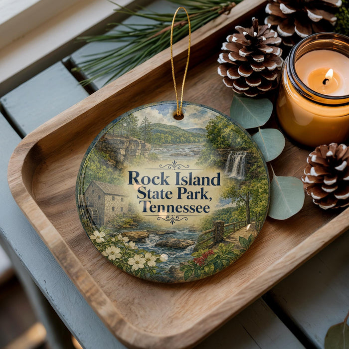 A wooden tray with a decorative ornament featuring a scenic landscape of Rock Island State Park, Tennessee, and pine cones.