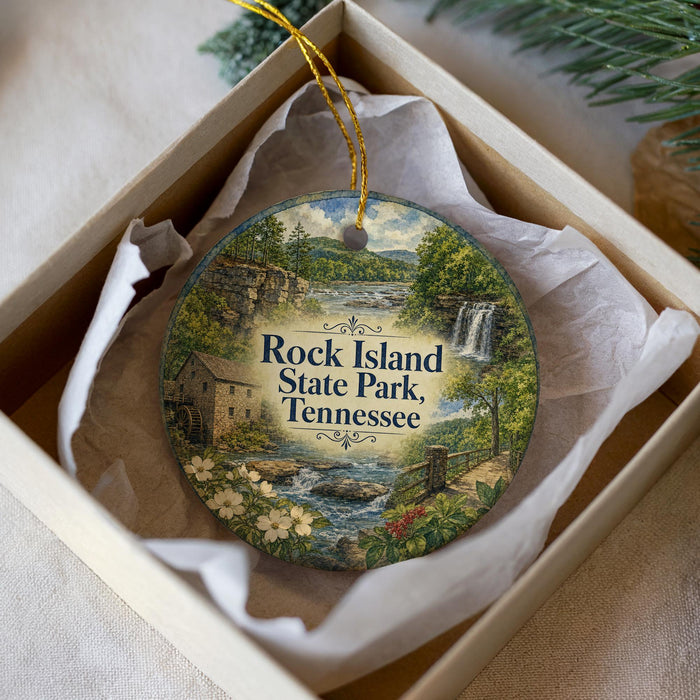 A decorative ornament in a box, featuring a scenic landscape with a waterfall and a house, with the text "Rock Island State Park, Tennessee" prominently displayed.