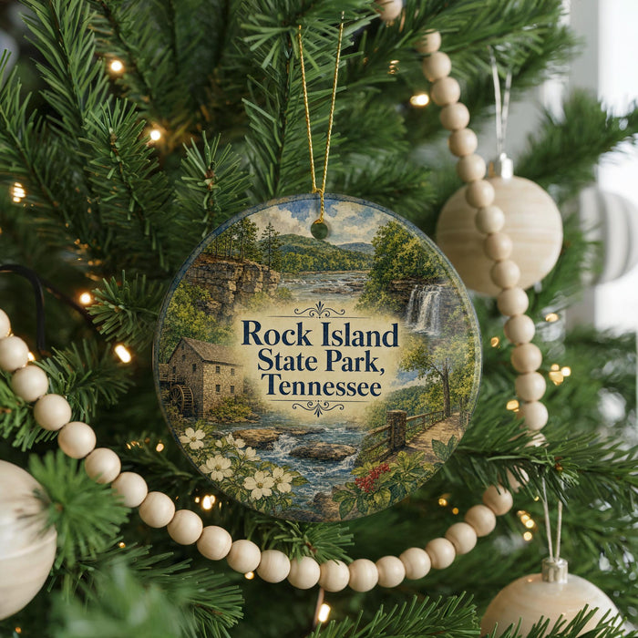 A round ornament hanging on a Christmas tree, featuring a scenic landscape with a waterfall and a house.