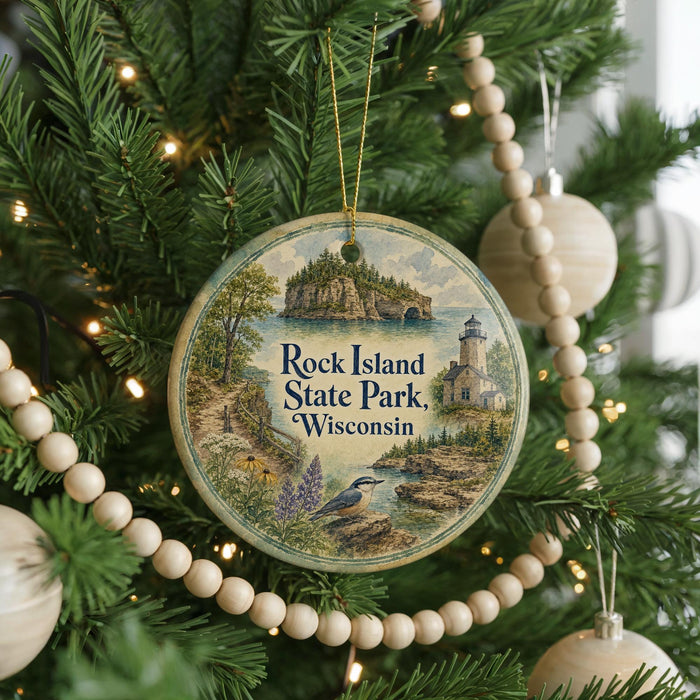 A round ornament hanging on a Christmas tree, featuring a scenic landscape with a lighthouse and a bird.