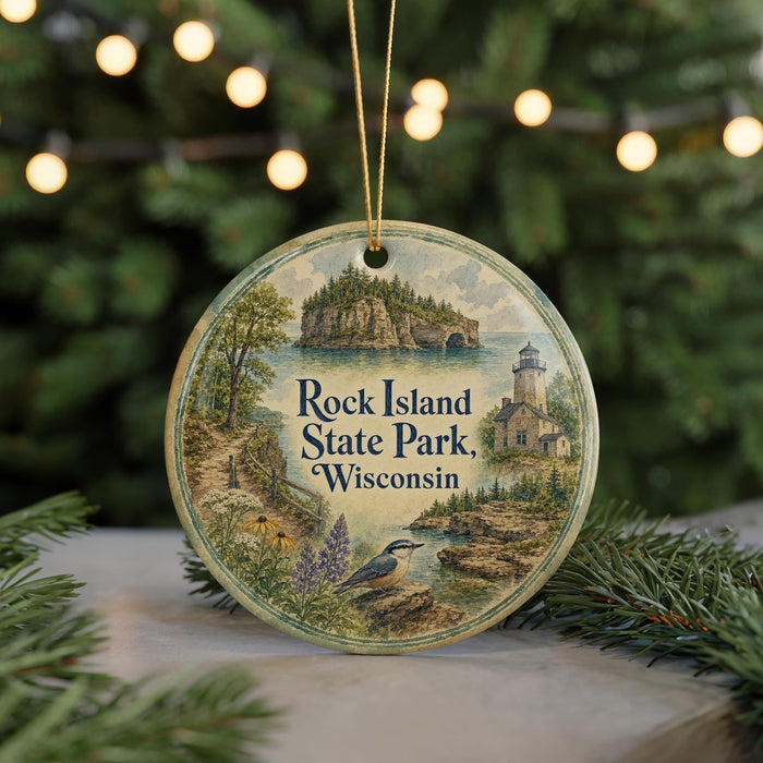A round ornament with a scenic image of Rock Island State Park in Wisconsin, featuring a lighthouse, trees, and a bird.