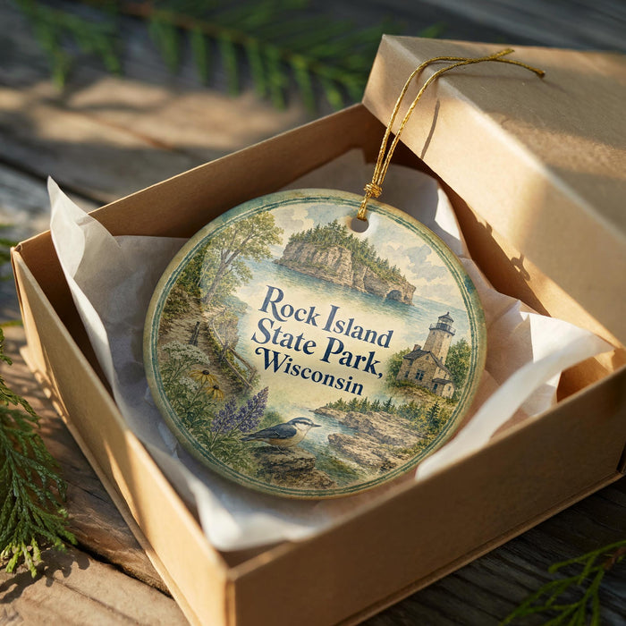 A decorative ornament in a wooden box, featuring a scenic landscape with a lighthouse and a small island, with the text "Rock Island State Park, Wisconsin" printed on it.
