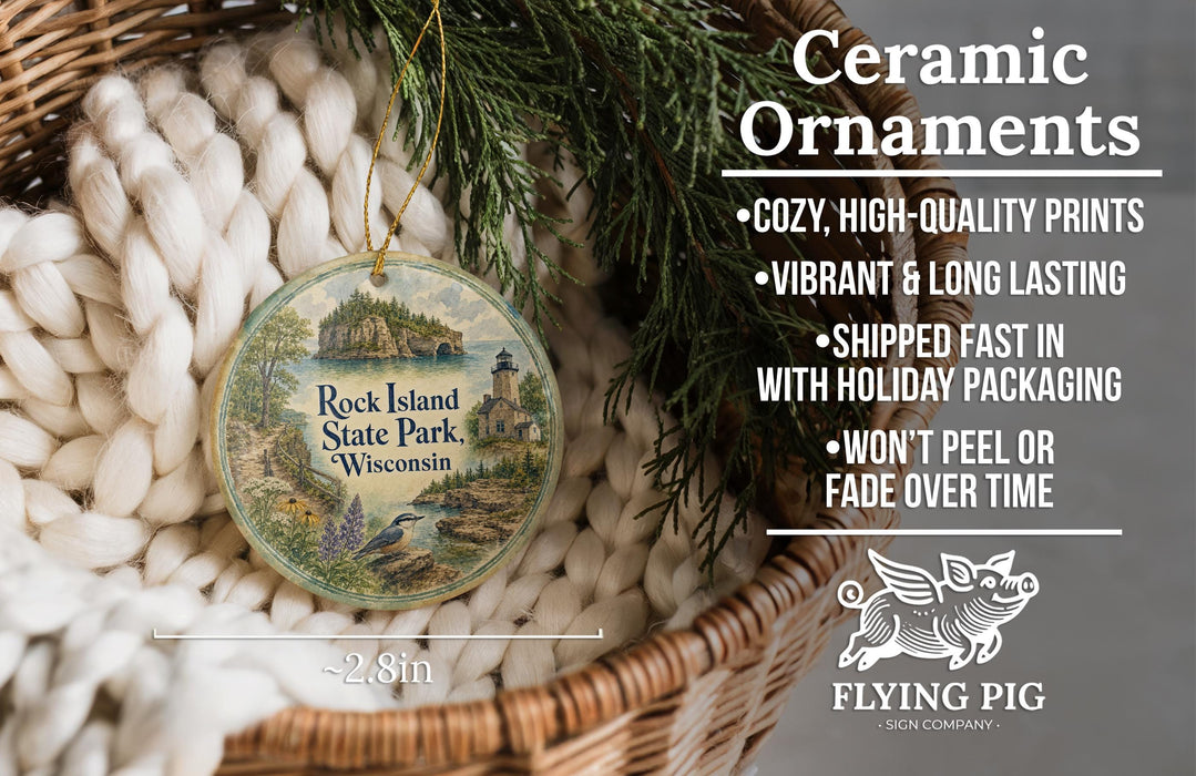 Ceramic ornaments, featuring a scenic image of Rock Island State Park, Wisconsin, hanging from a wicker basket.