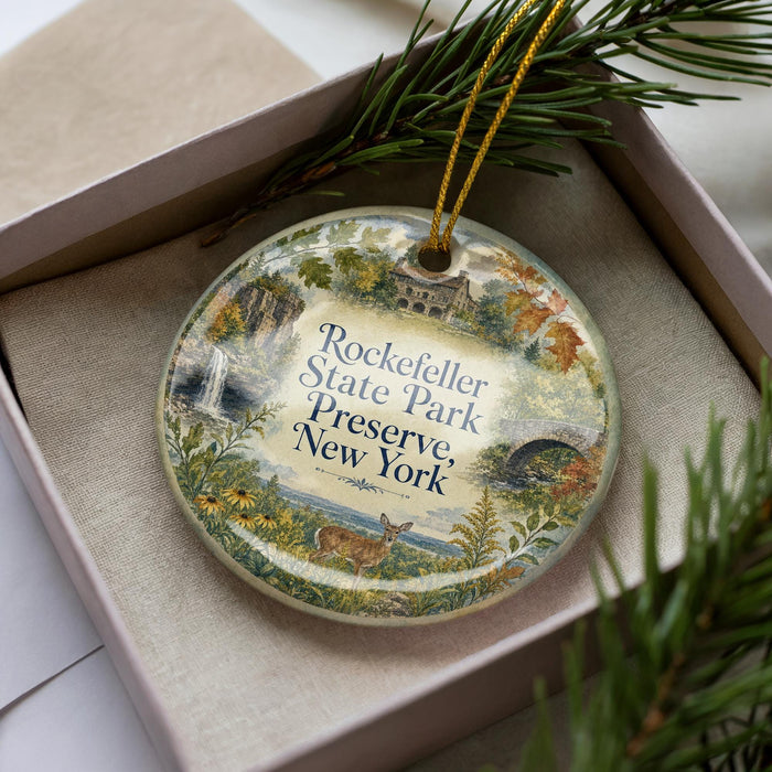 A decorative ornament with a scenic landscape and text, placed in a box with pine branches.