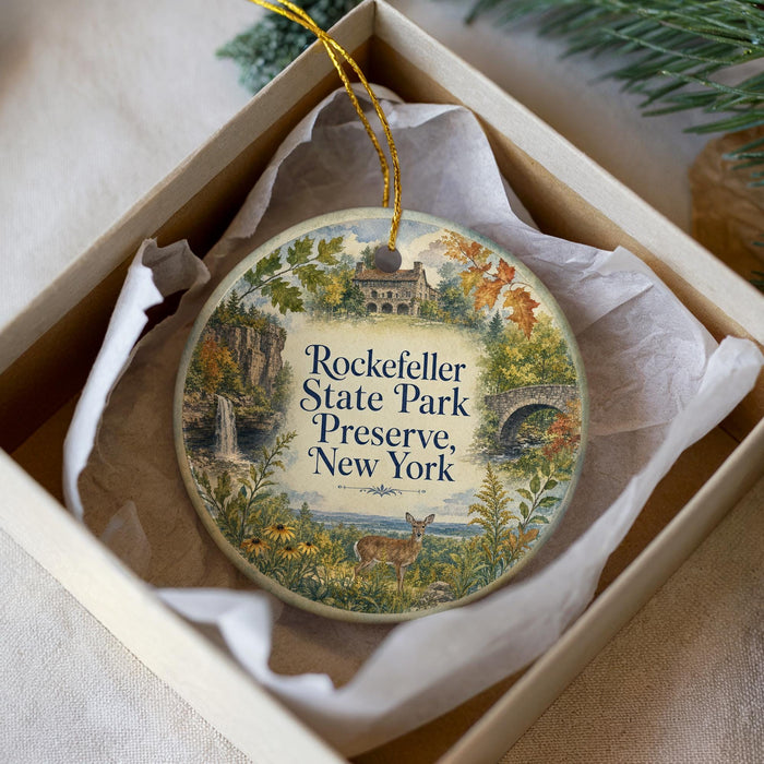 A decorative ornament in a white box, featuring a scenic landscape with a deer, trees, and a bridge.
