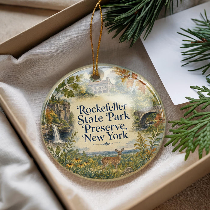 A decorative ornament with a scenic landscape featuring a waterfall, a deer, and a house, hanging from a string.