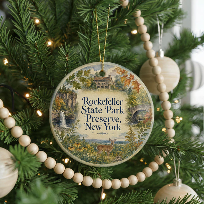 A round ornament on a Christmas tree, featuring an illustration of a deer in a forest setting and the text "Rockefeller State Park Preserve New York".
