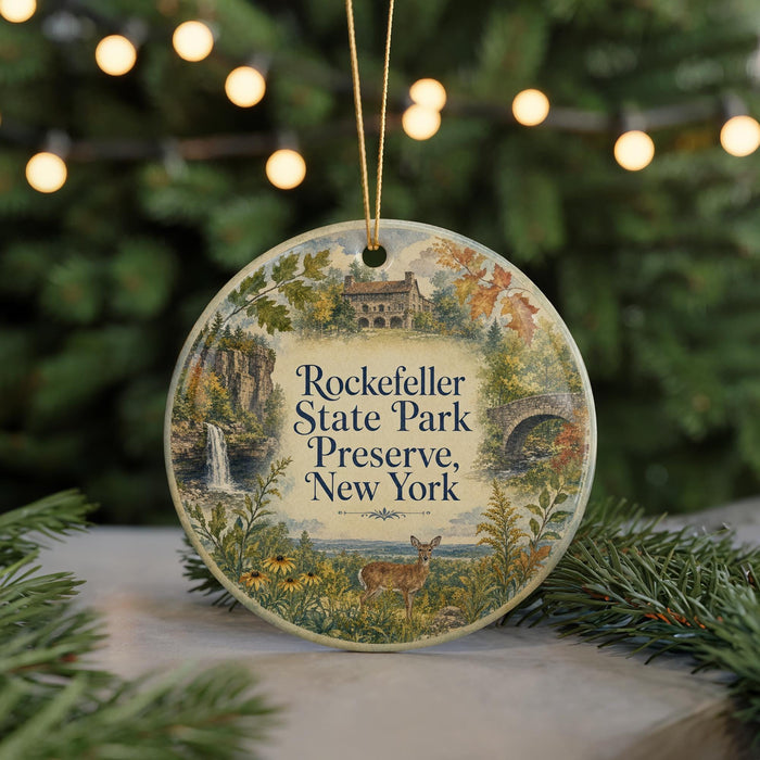 A round ornament with a scenic illustration of a park, featuring a deer, trees, and a bridge, is displayed in front of a blurred background with Christmas lights.
