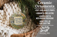 Ceramic ornaments, featuring a ceramic ornament with a scenic landscape design, are displayed in a woven basket.