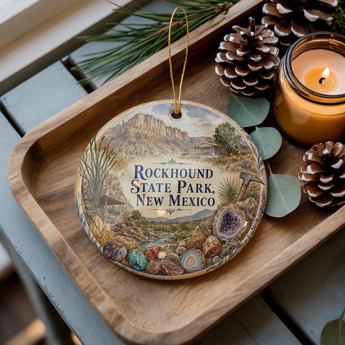 A decorative ornament featuring a scenic image of Rockhound State Park, New Mexico, with pine cones and a candle on a wooden tray.