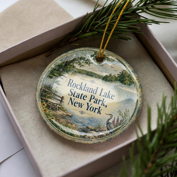 A decorative ornament in a box, featuring a scenic landscape with a lake, trees, and a bird, along with the text "Rockland Lake State Park, New York".