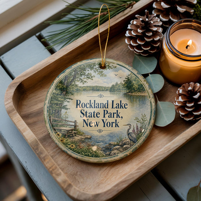 A wooden tray with a decorative ornament featuring a scenic lake and park, accompanied by pine cones and a lit candle.