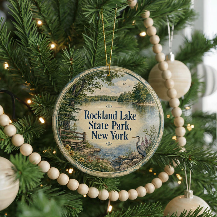 A round ornament hanging on a Christmas tree, featuring a scenic image of Rockland Lake State Park in New York.