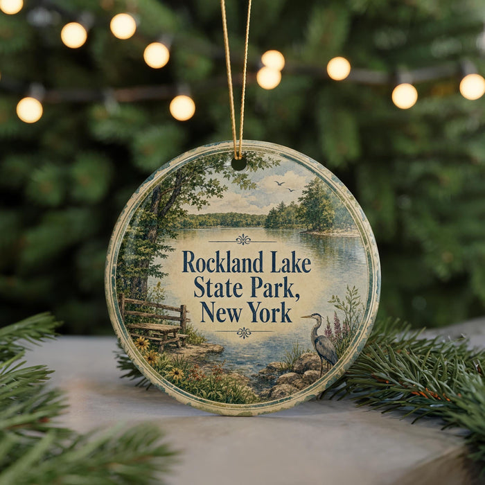 A round ornament with a scenic image of Rockland Lake State Park, New York, featuring a bench, a bird, and a lake.