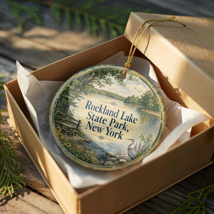 A round ornament in a wooden box, featuring a scenic landscape with a lake and trees, with the text "Rockland Lake State Park, New York" printed on it.
