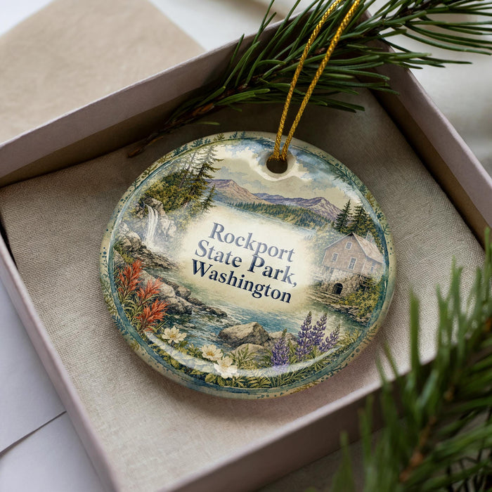 A decorative ornament in a box, featuring a scenic landscape with mountains, water, and pine trees.