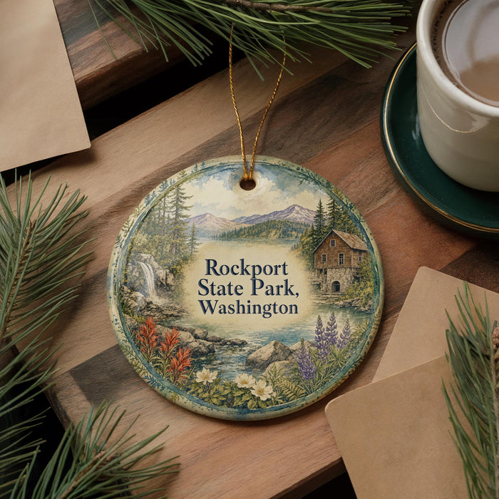 A decorative ornament featuring a scenic landscape with a house, trees, and a waterfall, along with the text "Rockport State Park, Washington".