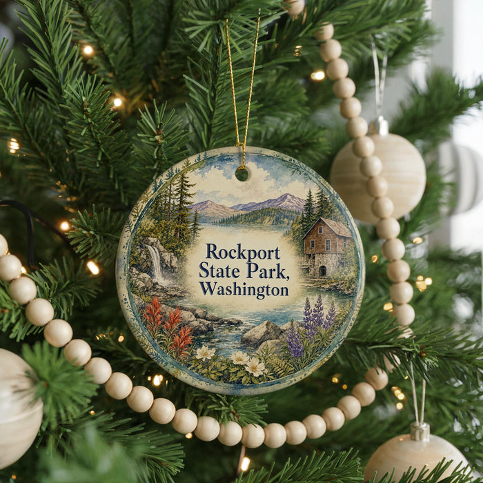 A round ornament hanging on a Christmas tree, featuring a scenic landscape with mountains, a waterfall, and a cabin.