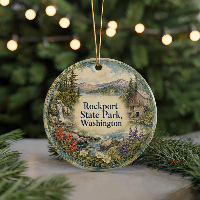 A round ornament with a scenic landscape of a lake, mountains, and a cabin, surrounded by pine trees and colorful flowers, hangs in front of a blurred Christmas tree with lights.