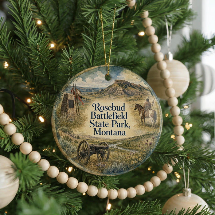 A Christmas tree ornament featuring a scenic image of the Rosebud Battlefield State Park in Montana.