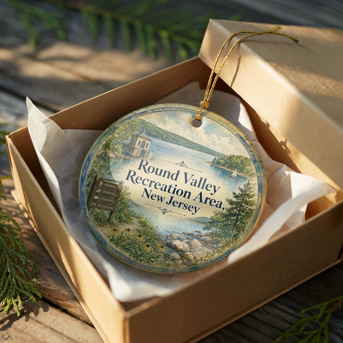 A round ornament in a box, featuring a scenic landscape with a river, mountains, and a sign that reads "Round Valley Recreation Area, New Jersey".