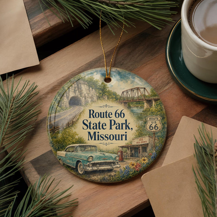 A decorative ornament featuring a vintage car and a scenic landscape, with the text "Route 66 State Park, Missouri" prominently displayed.