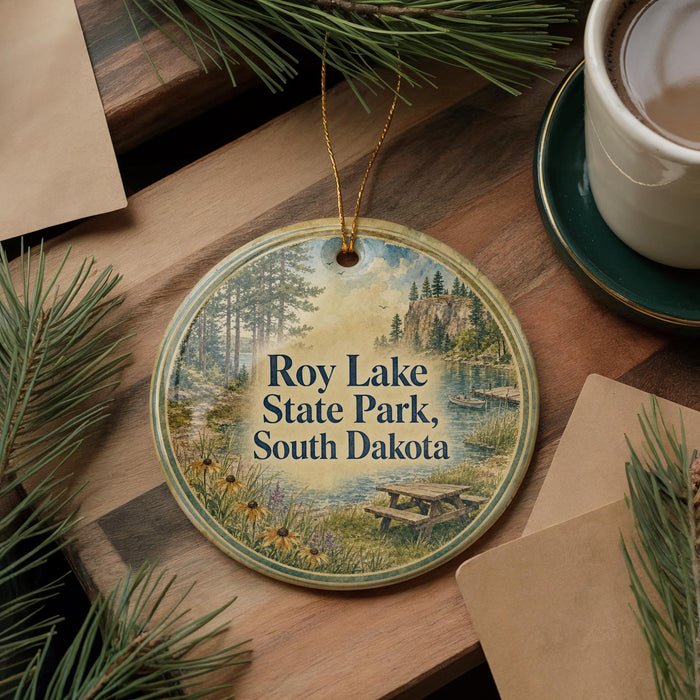 A round ornament with a scenic image of Roy Lake State Park, South Dakota, hanging on a wooden surface.