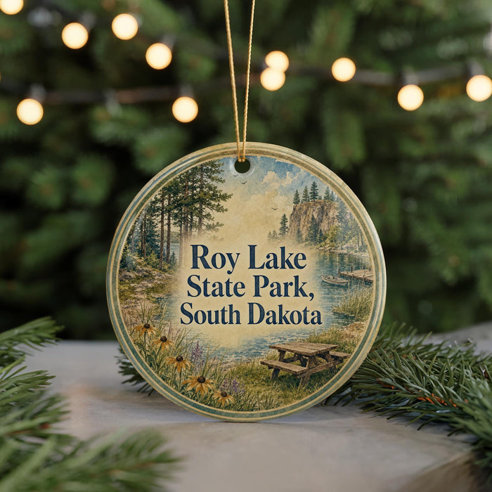A round ornament with a scenic image of Roy Lake State Park, South Dakota, hanging from a string.