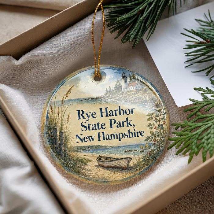 A decorative ornament with a lighthouse and a boat, placed in a box with pine branches.