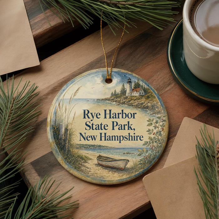 A decorative ornament featuring a lighthouse and a boat, with the text "Rye Harbor State Park, New Hampshire" displayed on it. The ornament is placed on a wooden surface, surrounded by pine branches and a cup of coffee.
